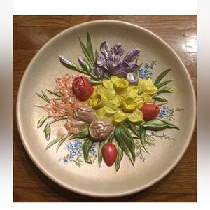 Vtg Daffodil Bluebell Wall Hanging Plate Yellow Flower Spring Ceramic Plaque